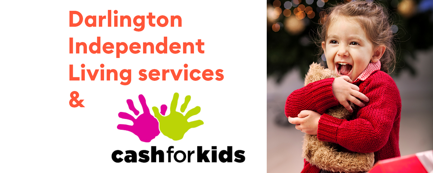An image of an ecstatic child receiving a Christmas present, next to the logos for charities Darlington Independent Living services and Cash for Kids
